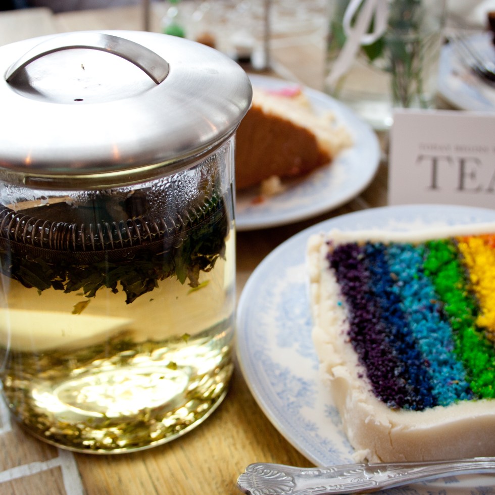 Peppermint tea and a rainbow cake in Proper Tea in Manchester