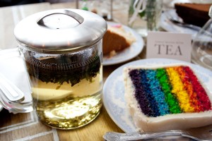 Peppermint tea and a rainbow cake in Proper Tea in Manchester
